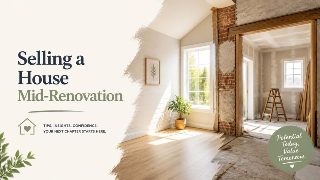 generate a blog post image of 1200x700 pixel titled Selling a House Mid Renovation no crowded background