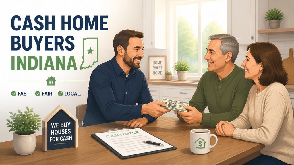generate a blog post image of 1200x700 pixel titled cash home buyers Indiana no crowded background